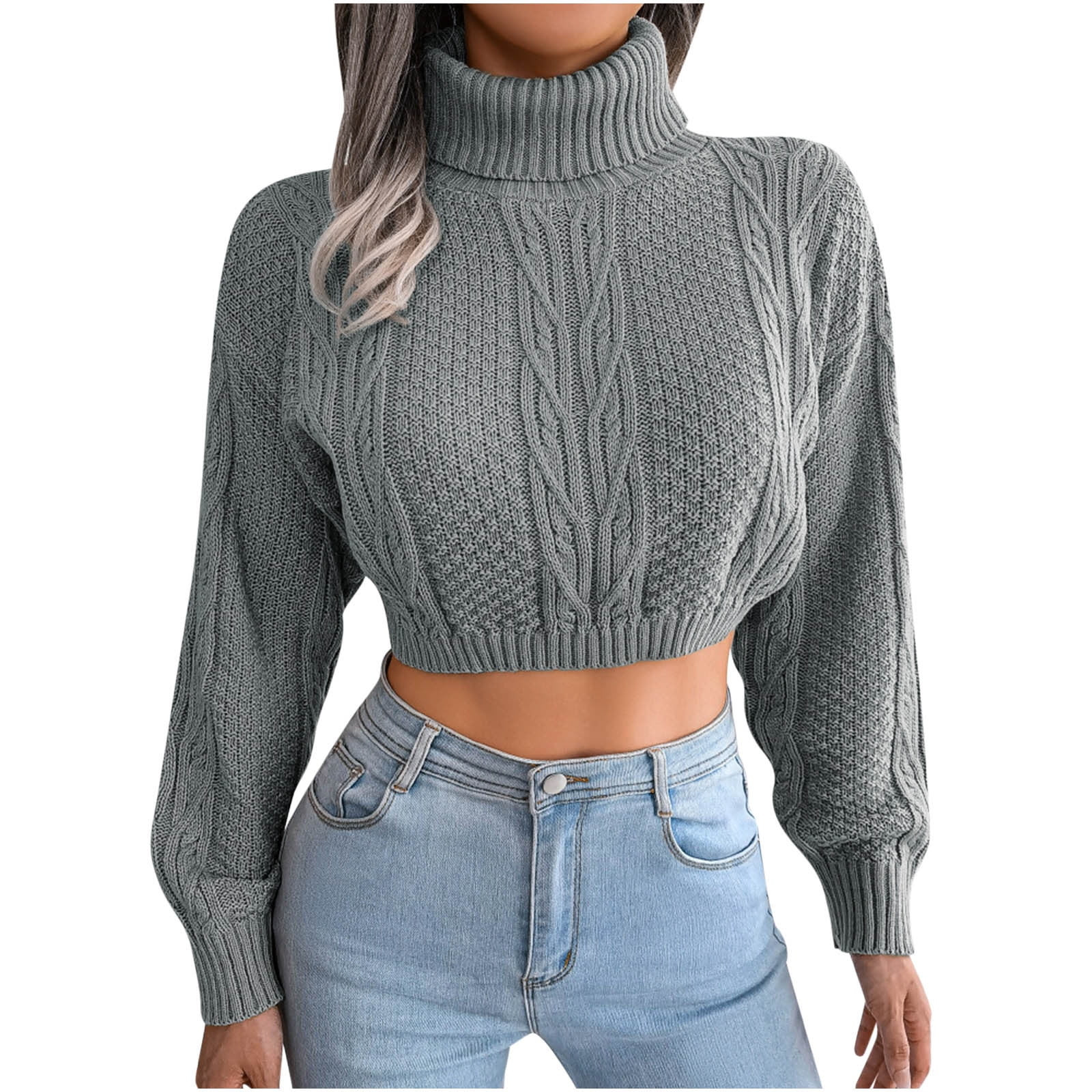 HTNBO Women's Knitted Cropped Cropped Sweaters ‘S Turtleneck Solid Casual Long Sleeve Tops Skel... | Walmart (US)