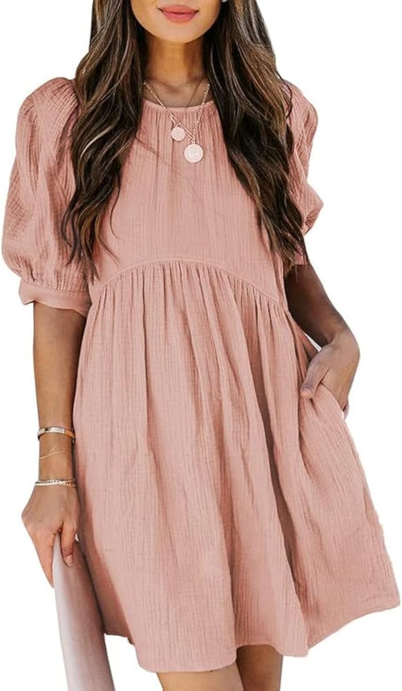 Dokotoo Womens 2025 Spring Summer Crewneck Puff Sleeve Babydoll Elegant Empire Waist Mini Swing S... | Amazon (US)