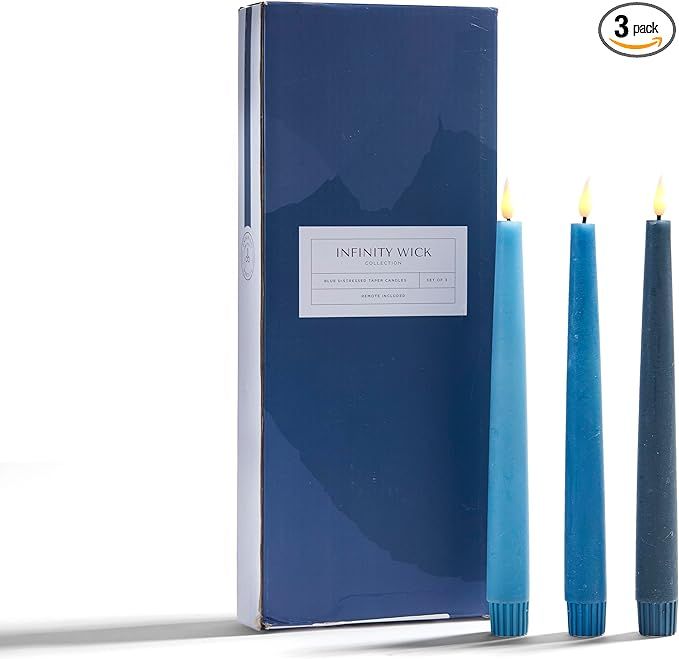 LampLust Blue Taper Candles, Battery Operated - 3 Pack, Flameless LED Candlesticks, Flickering Li... | Amazon (US)