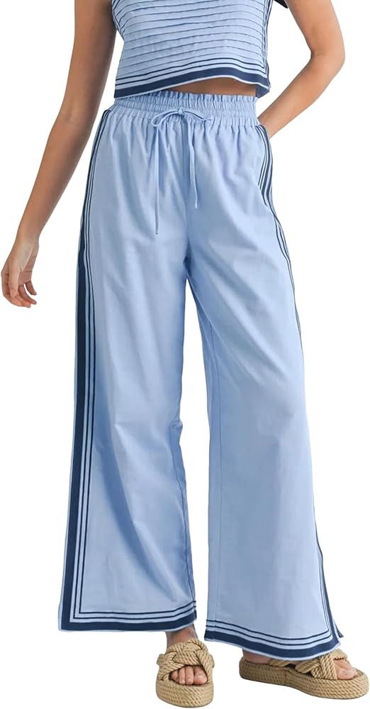 Womens Casual Wide Leg Side Striped Pant Drawstring Elastic Waist Lounge Palazzo Pants with Pocke... | Amazon (US)