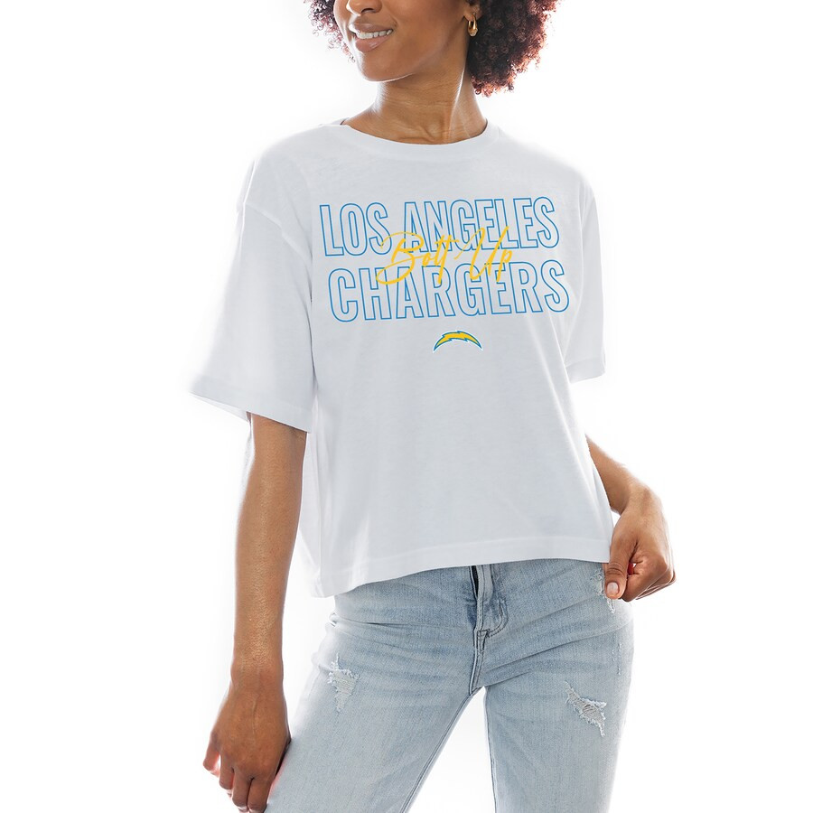 Los Angeles Chargers Gameday Couture Women's Keep Playing Boxy Fit Cropped T-Shirt - White | Fanatics