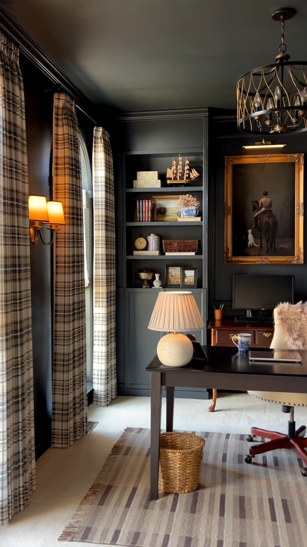 Over the Moon for Our Ralph Lauren, English Country Inspired Home Office Makeover!
Featuring these classic plaid drapes, natural woven shades, and decorative curtain rod from @twopagescurtains!  
Use code Onassisandclaire for 24% off

#twopageshome  #twopagescurtains 
 
Window Treatment Details:

Sara Le Print Linen Drapery
–Latte SL-E5
–Triple Pleat
–Privacy Liner
–Memory Shaped
 
Arno Single Decorative Curtain Rod with Rings
–Color: Black
–Finial:  Ellipse
 
Rae Natural Ramie Flax Woven Wood Shades – Series C
– Color: Ivory C14
– Inside mount
– Cordless

#LTKHome #LTKMens #LTKWorkwear