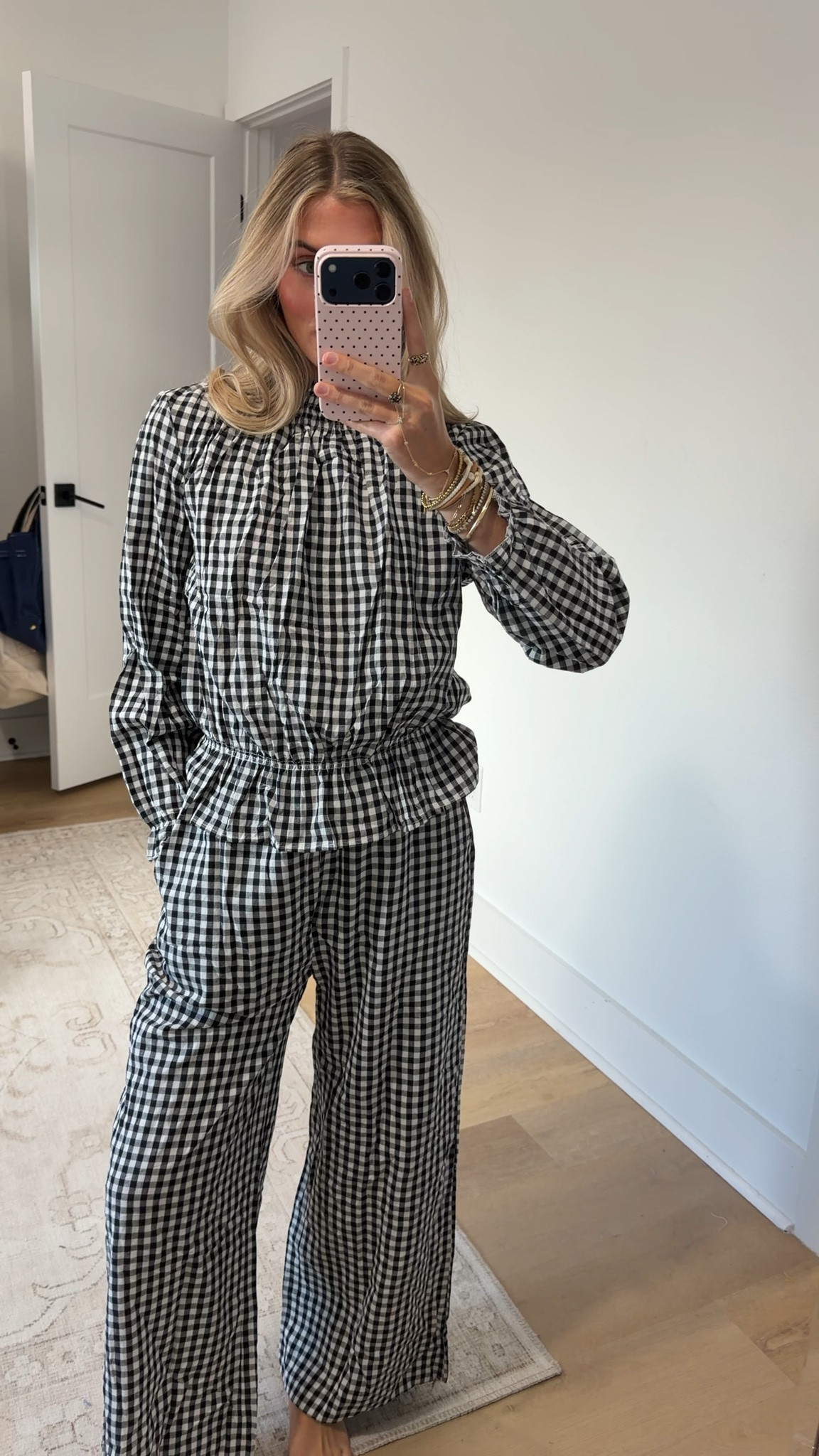 Amazon size small Bankeng Womens Long Sleeve Gingham Sets 2 Piece Outfits Plaid Cotton Tops Wide Leg Pants Summer Matching Lounge Sets