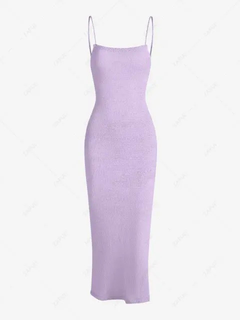 Knitted Lace Up Thigh Split Midi Dress - Light Purple M | ZAFUL (Global)
