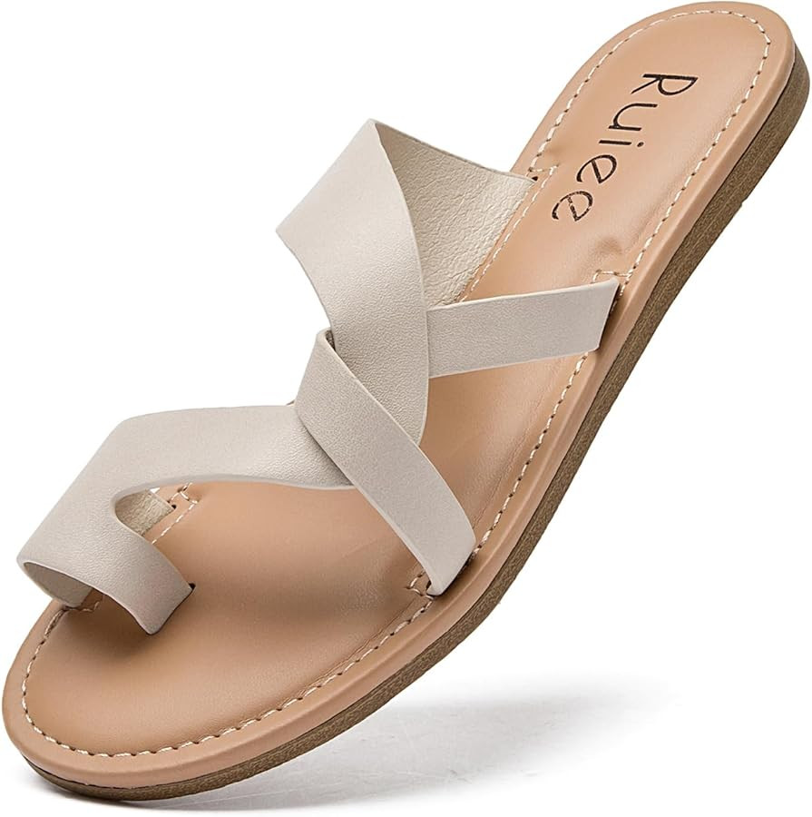Ruiee Women's Flat Slides Sandals, Summer Slippers Comfortable Braided Strap Round Open Toe Casua... | Amazon (US)