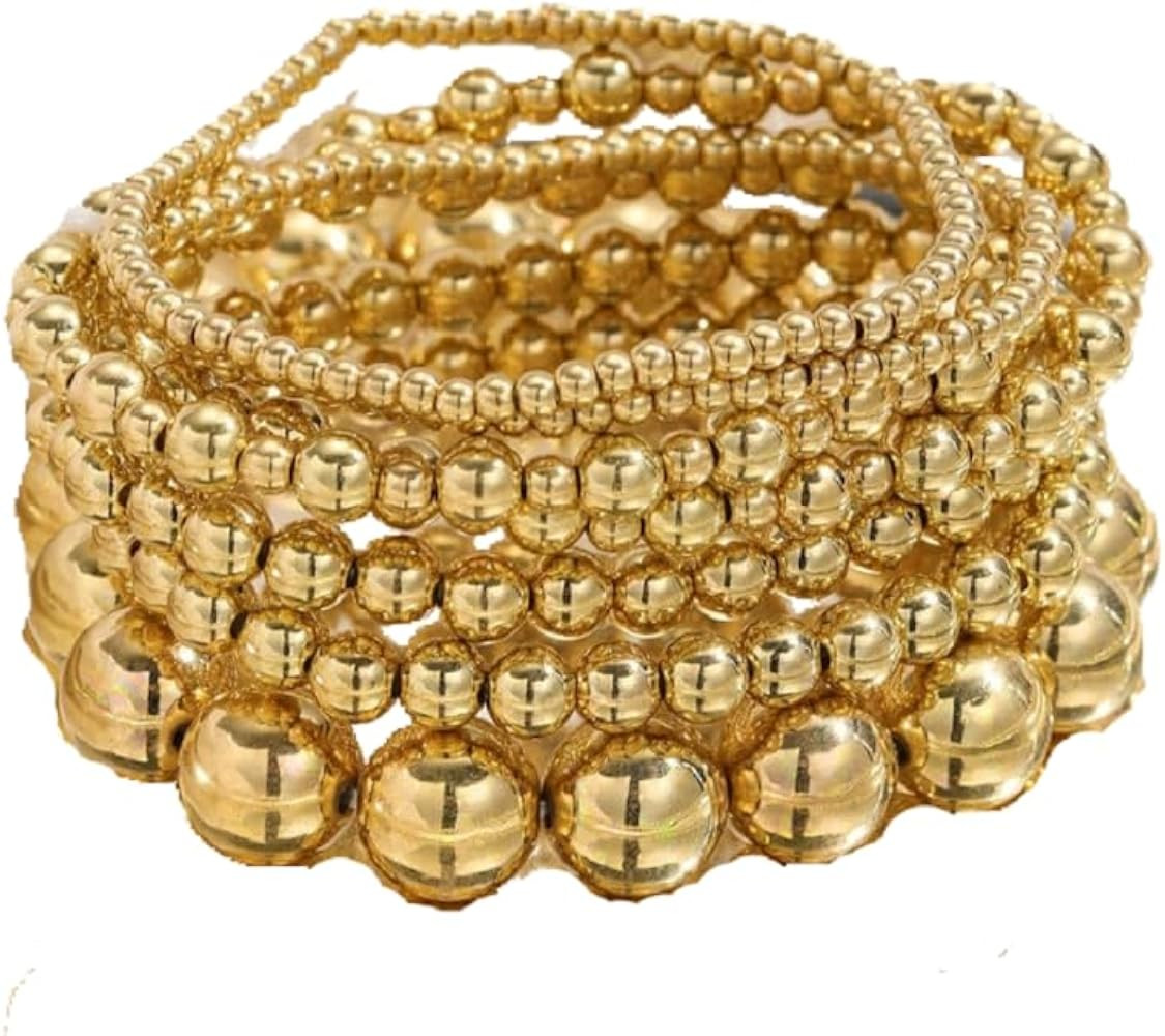 Gold Beaded Bracelets Adjusatable 14K Gold Plated Stackable Bracelets Stretch Bead Ball Bracelet ... | Amazon (US)