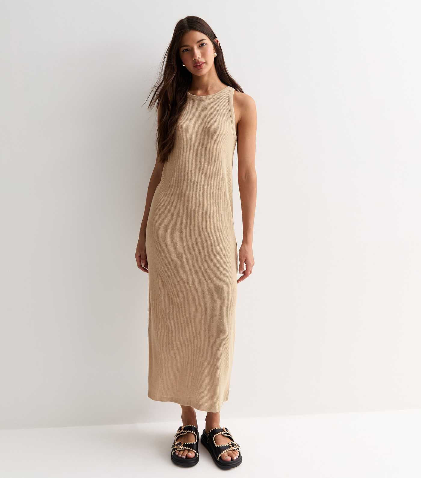 Stone Ribbed Racer Midi Dress | New Look | New Look (UK)