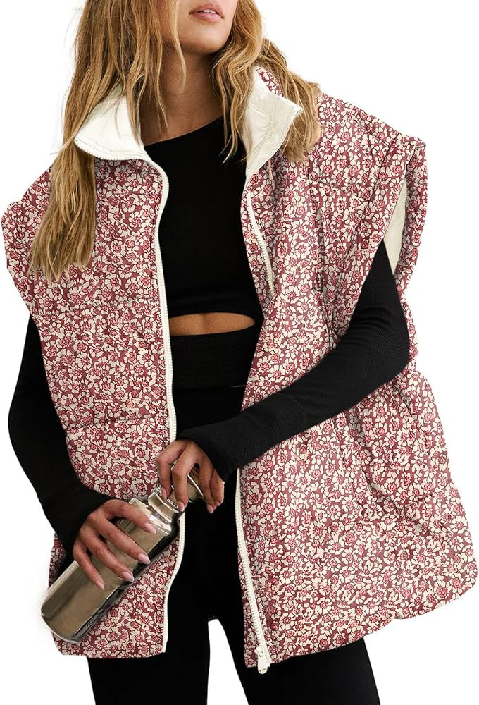 Tankaneo Womens Floral Oversized Puffer Vest Cap Sleeve Winter Warm Puffy Quilted Jackets Coat | Amazon (US)