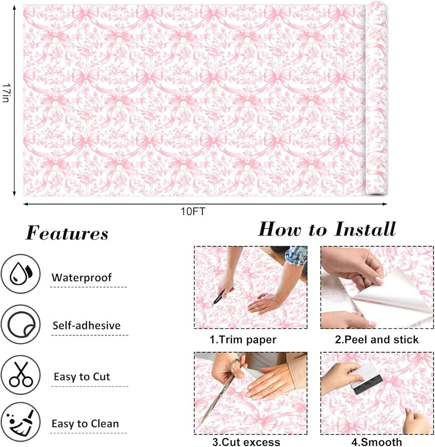 Pink Bow Floral Peel and Stick Wallpaper Roll Coquette Bowknot Flower Contact Paper Self-Adhesive... | Amazon (US)