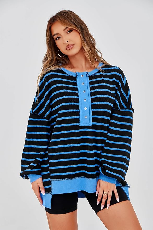 Tankaneo Womens Oversized Striped Sweatshirts Henley Shirts Color Block Casual Pullover Waffle Kn... | Amazon (US)