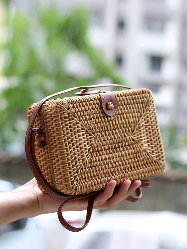 Mini Rattan Woven Square Bag, Retro Style Crossbody Bag, Summer Beach Box Purse For Women, Mother... | SHEIN