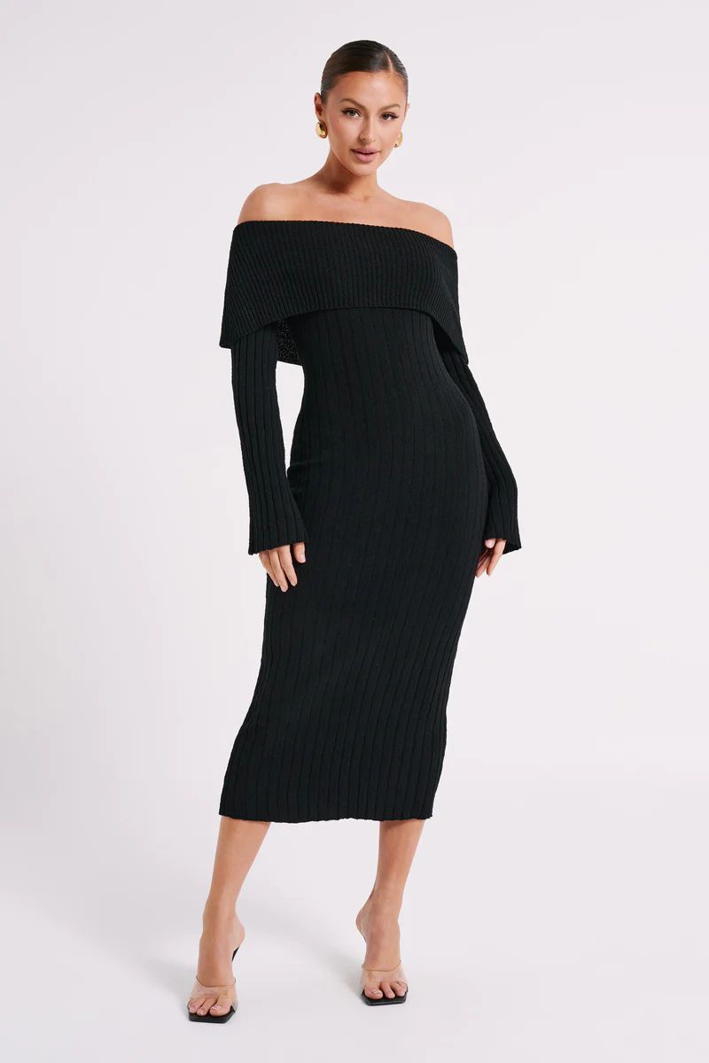Stefania Off Shoulder Knit Dress - Black | MESHKI US
