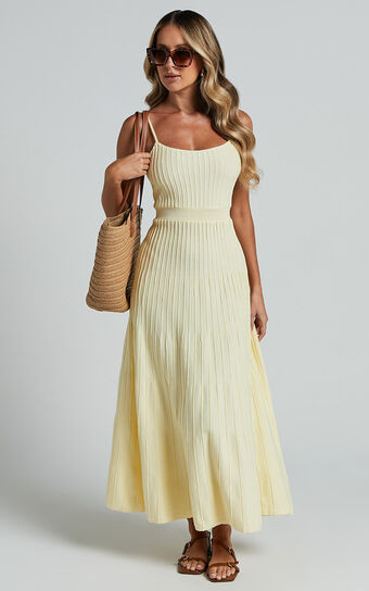 Donissa Midi Dress - Panelled Knit Dress in Butter Yellow | Showpo (US, UK & Europe)