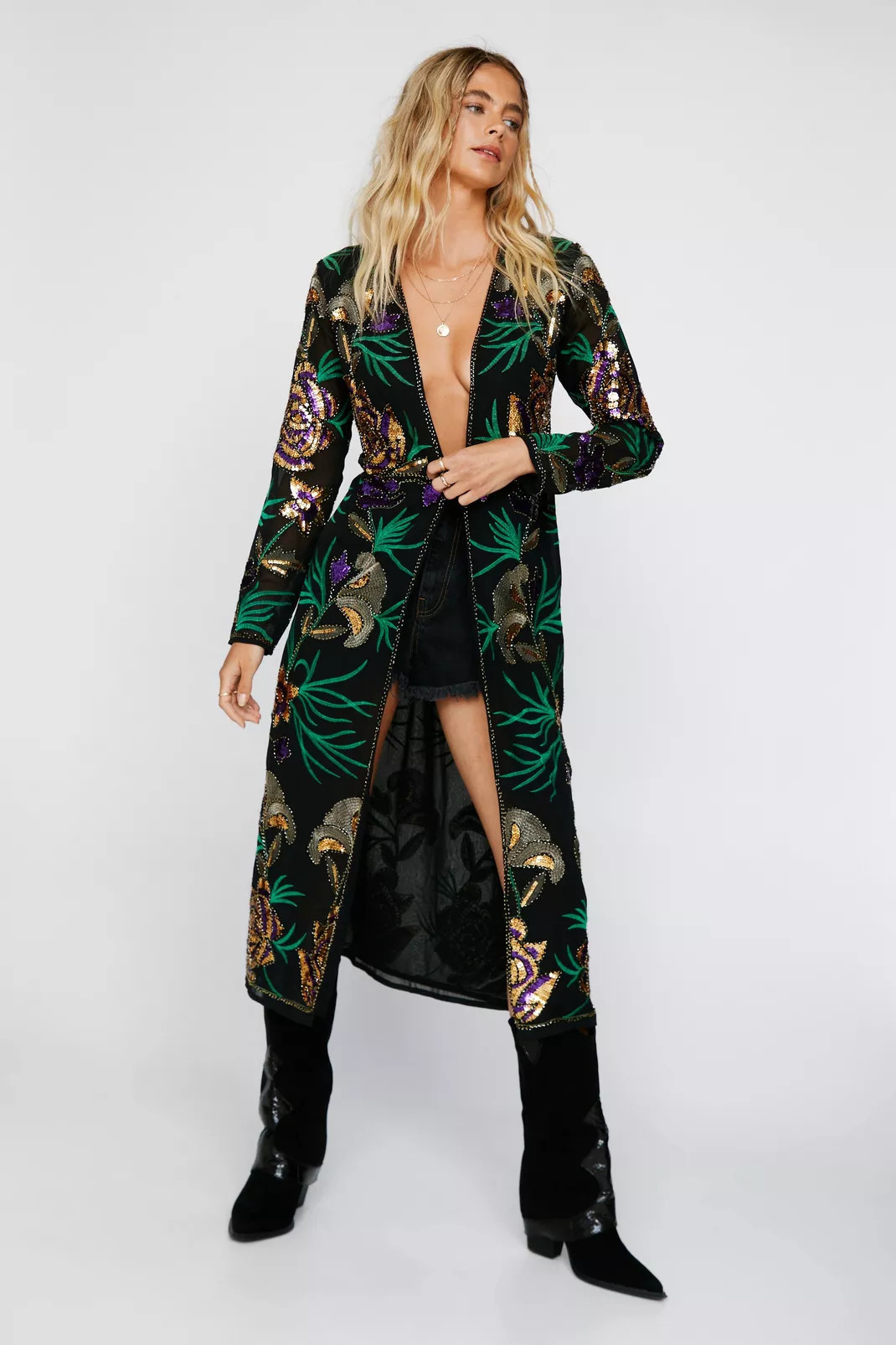 Embellished Floral Design Longline Kimono | Nasty Gal (US)