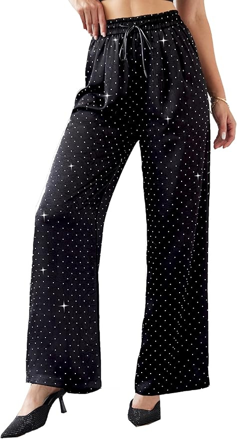 Women's Glitter Wide Leg Pants Satin Silky Sparkly Sequin Party Club Nightout Casual Slacks Pants | Amazon (US)