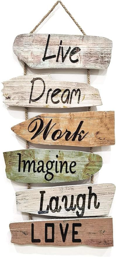 Hanging Wall Sign Rustic Wooden Wall Sign (Live, Dream, Work, Imagine, Laugh, Love) Wood Wall Dec... | Amazon (US)