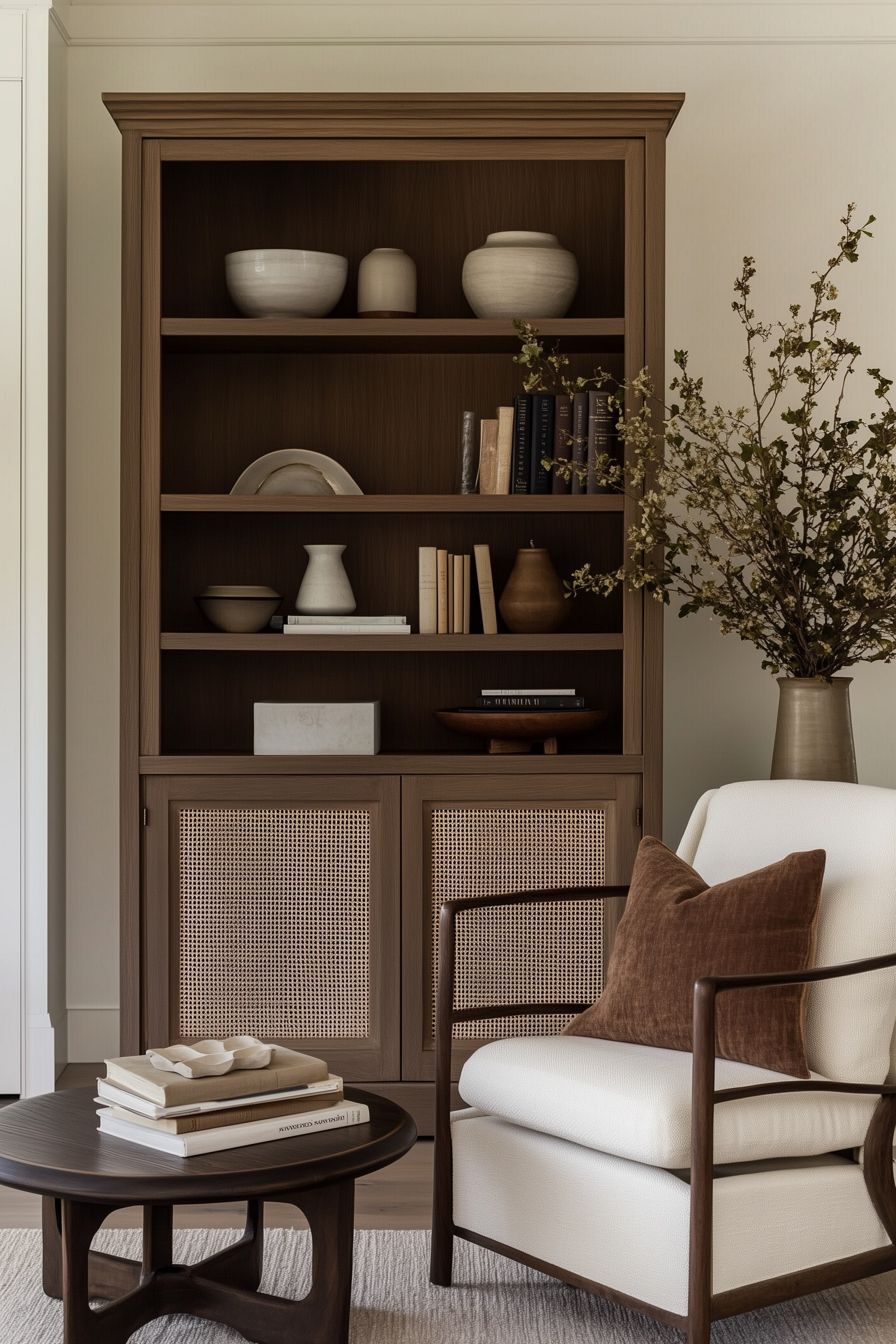 Warm neutral home decor, cane cabinet styling, and cozy modern design come together in this inviting corner. You’ll love how earthy tones, clean lines, and layered textures create an organic modern living room that feels both elevated and welcoming. Perfect for anyone who loves Studio McGee–inspired interiors and timeless home styling. #homedecor #interiordesign #homedecorfinds 

 #LTKSeasonal #LTKHome #LTKStyleTip