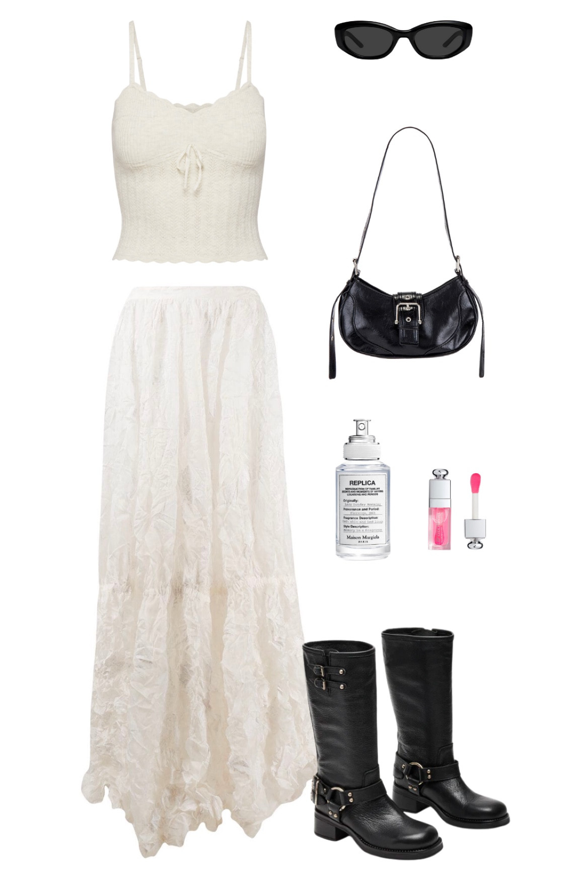 Fall transitional outfit, Pinterest trendy inspo, nyc outfit, music festival look, concert outfit, black leather moto boots, knee high boots, white flowy skirt, white tank top, black shoulder purse, bohemian romantic style, rocker chic, floral white skirt, fall accessoriess

#LTKFindsUnder100 #LTKSeasonal #LTKStyleTip