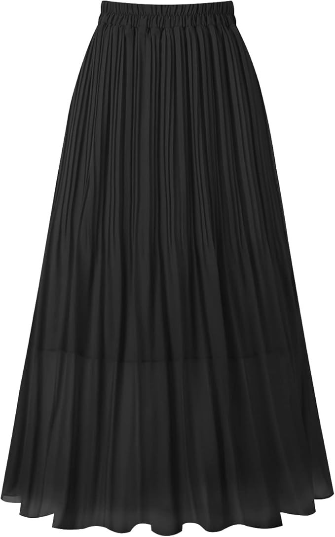 Kingfancy Women's Pleated Skirt Chiffon Elastic Waist A-Line Midi Length Skirt | Amazon (US)