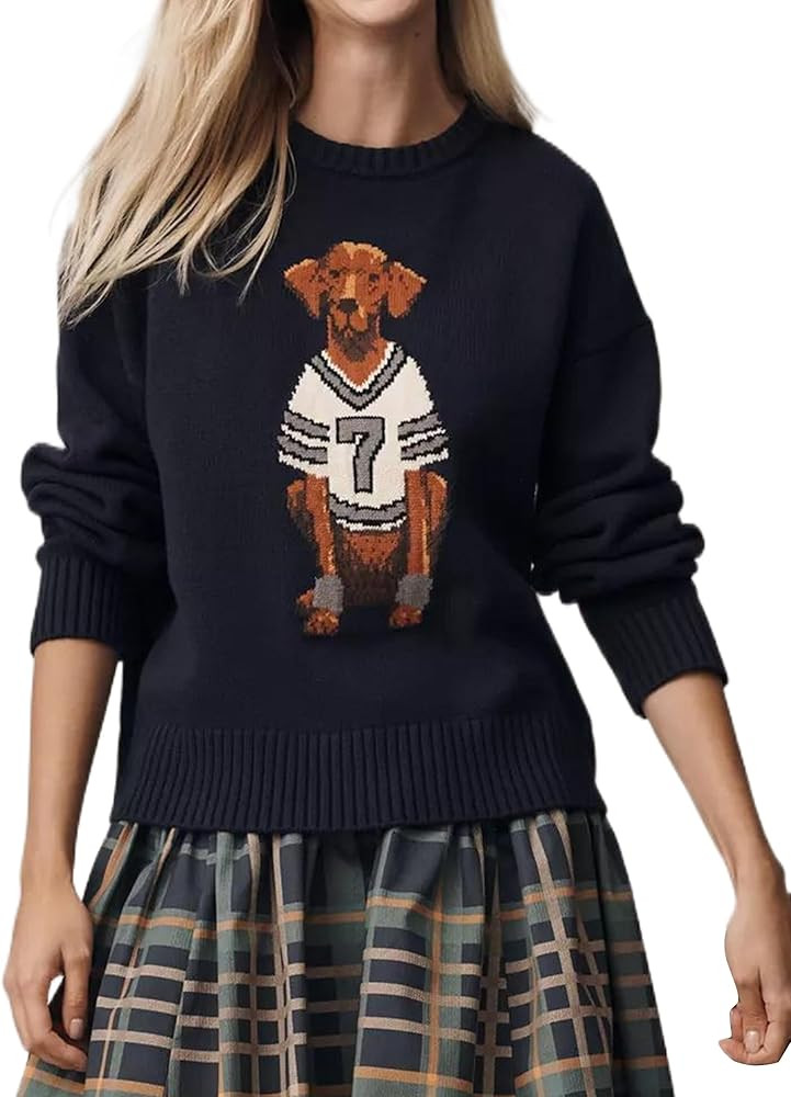 Women Dog Print Sweater Crew Neck Long Sleeve Knit Top Pullover Jumper Fall Winter 2025 Cloth Out... | Amazon (US)