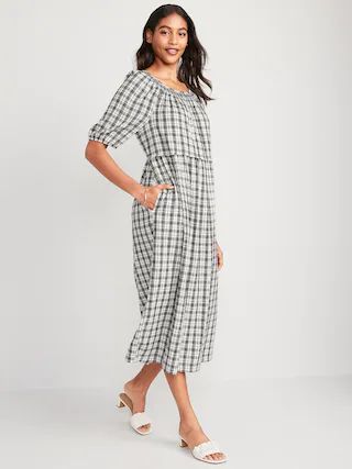 Puff-Sleeve Plaid Smocked Midi Swing Dress for Women | Old Navy (US)