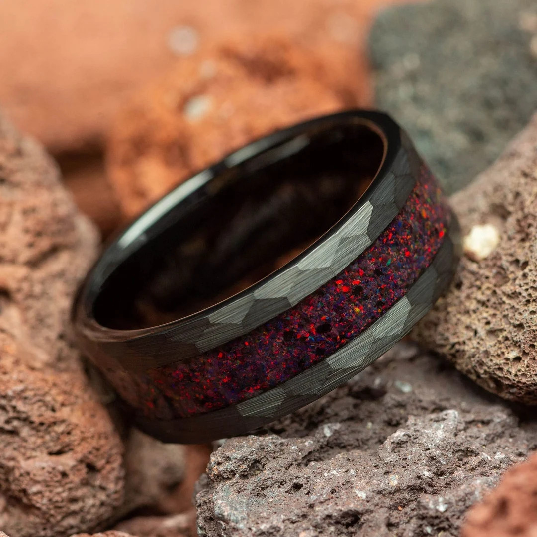 Crushed Black Fire Opal Hammered Black Tungsten Mens Ring - Etsy | Etsy (US)