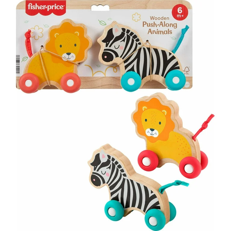 Fisher-Price Wooden Push Along Animals, Lion & Zebra Toy Vehicles for Infant Crawling Play | Walmart (US)