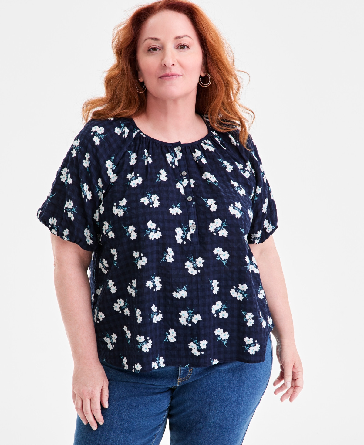 Style & Co Plus Size Floral-Print Puff-Sleeve Top - Heathclif Industrial Blue | Macy's