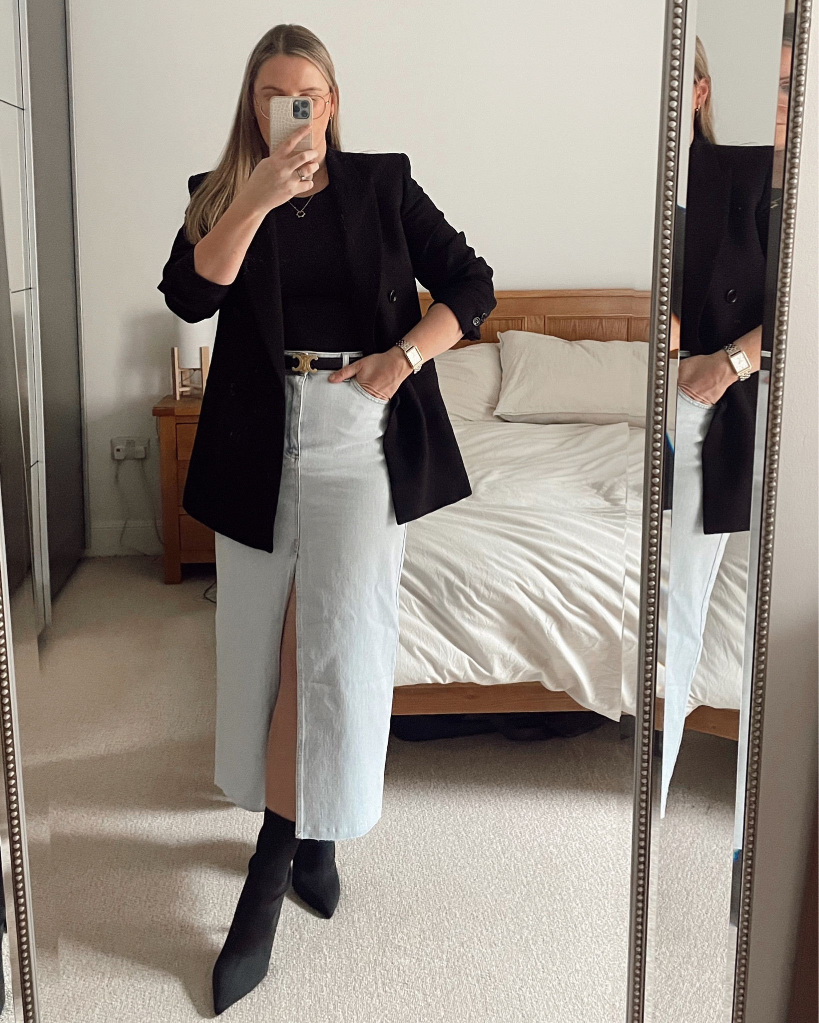 Denim maxi skirt outfit! Dressed up Saturday night outfit with black blazer and sock boots! 

#LTKSeasonal #LTKunder50 #LTKfit