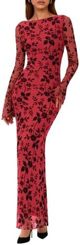 PRETTYGARDEN Women's Floral Bodycon Maxi Dress 2025 Fall Elegant Mesh Long Sleeve Formal Wedding ... | Amazon (US)