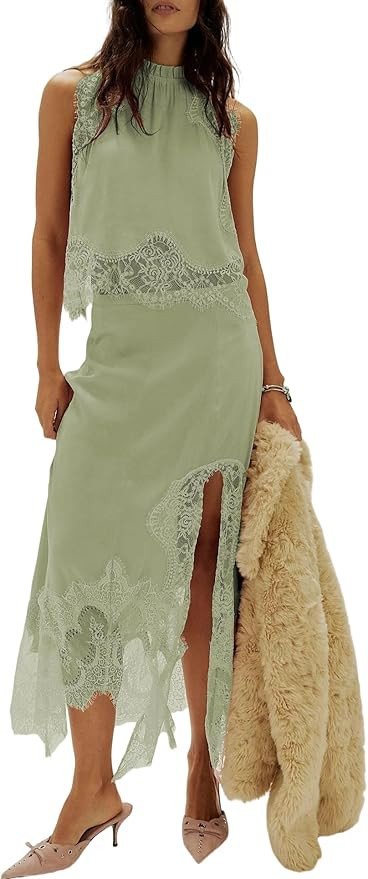 Women Satin 2 Piece Maxi Skirt Set Lace Trim Backless Tank Top Silk Slip Long Skirt Asymmetrical ... | Amazon (US)