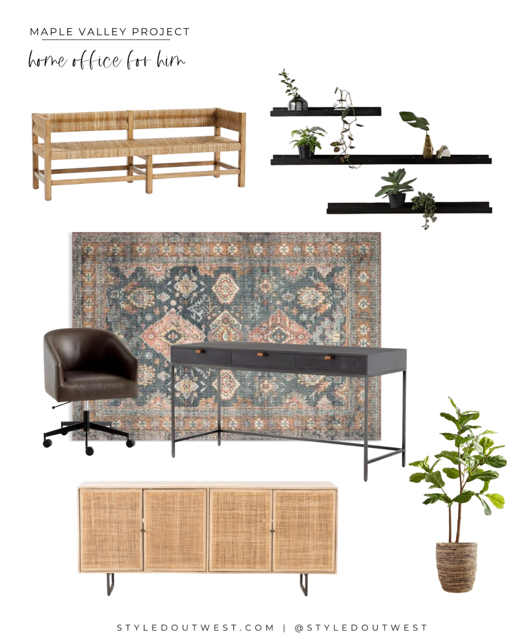 Maple Valley Project Home office for him.

vintage rug, desk, desk chair, bench, shelving, console, faux tree, cane cabinet 

#LTKFind #LTKfamily #LTKhome