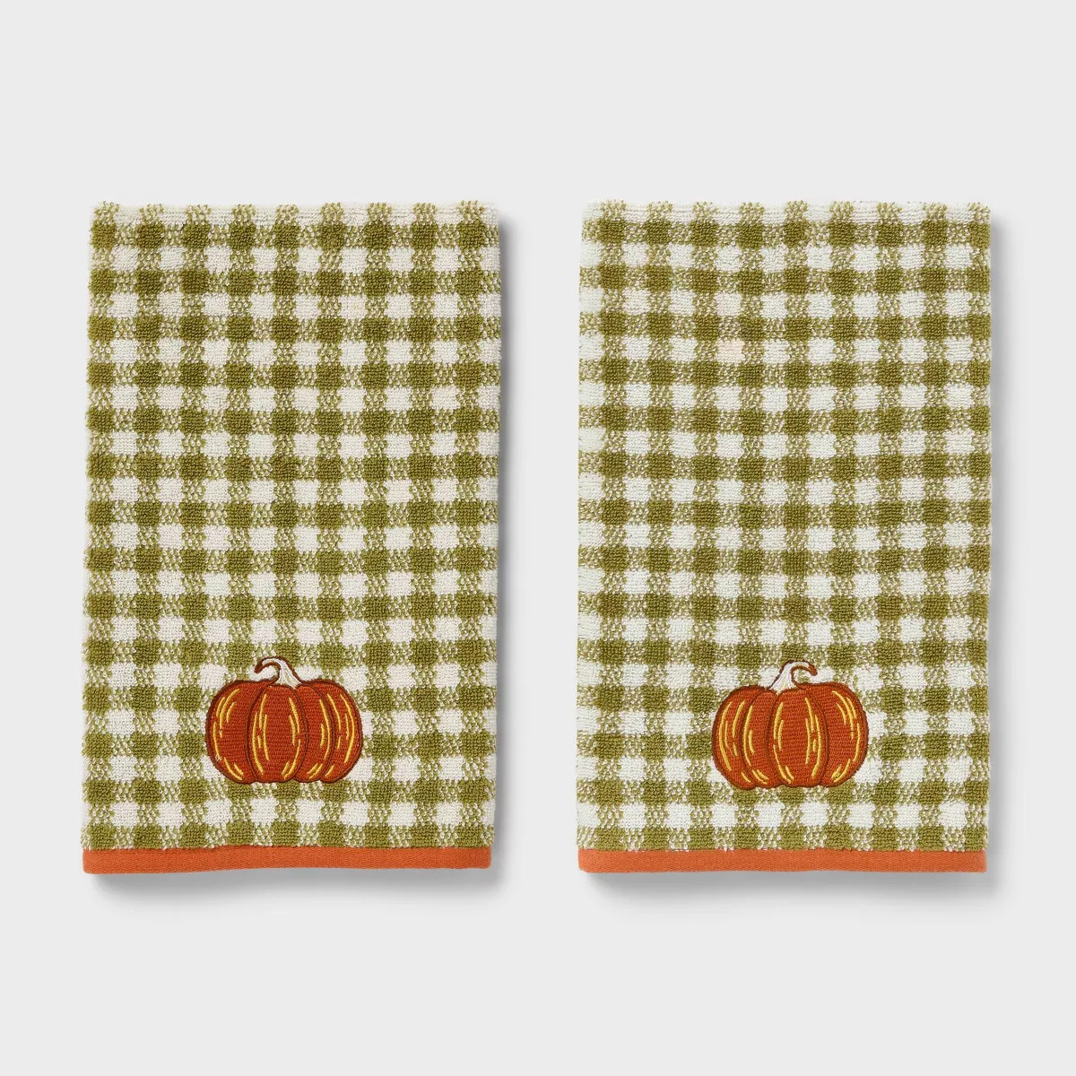 2pk Pumpkin Gingham Harvest Hand Towel Set Olive Green - Room Essentials™ | Target