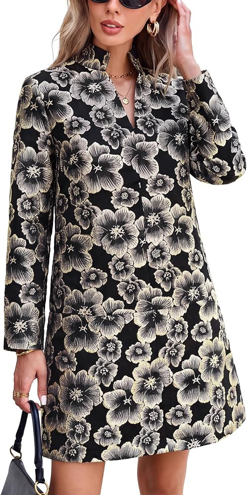 EZAPINE Women's Floral Brocade Dress Jacquard Long Sleeve Party Dresses | Amazon (US)