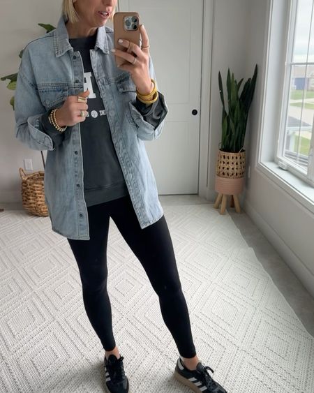 My mom on the go look with black leggings + denim Shacket + Samba’s! I love the longer length + coverage of this look with leggings 👏🏻

I sized up to a medium for a oversize fit two layer with a sweatshirt

#LTKstyletip #LTKover40 #LTKVideo