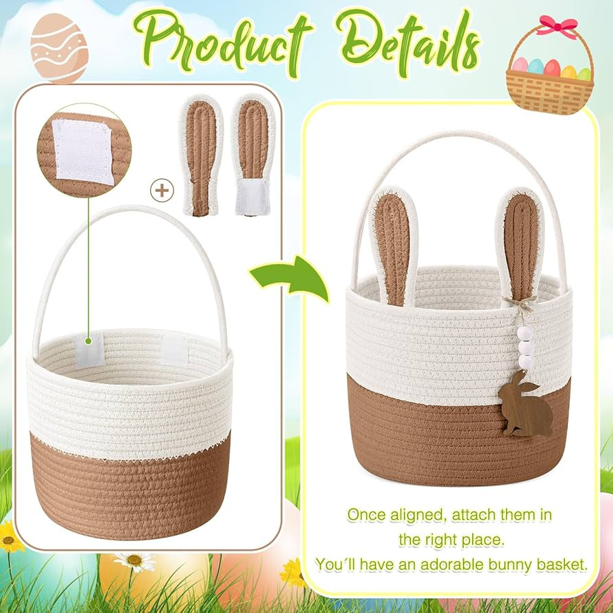 Easter Basket for Kids, Easter Bunny Basket with Name Tag Detachable Rabbit Ear Rustic Woven Gift... | Amazon (US)