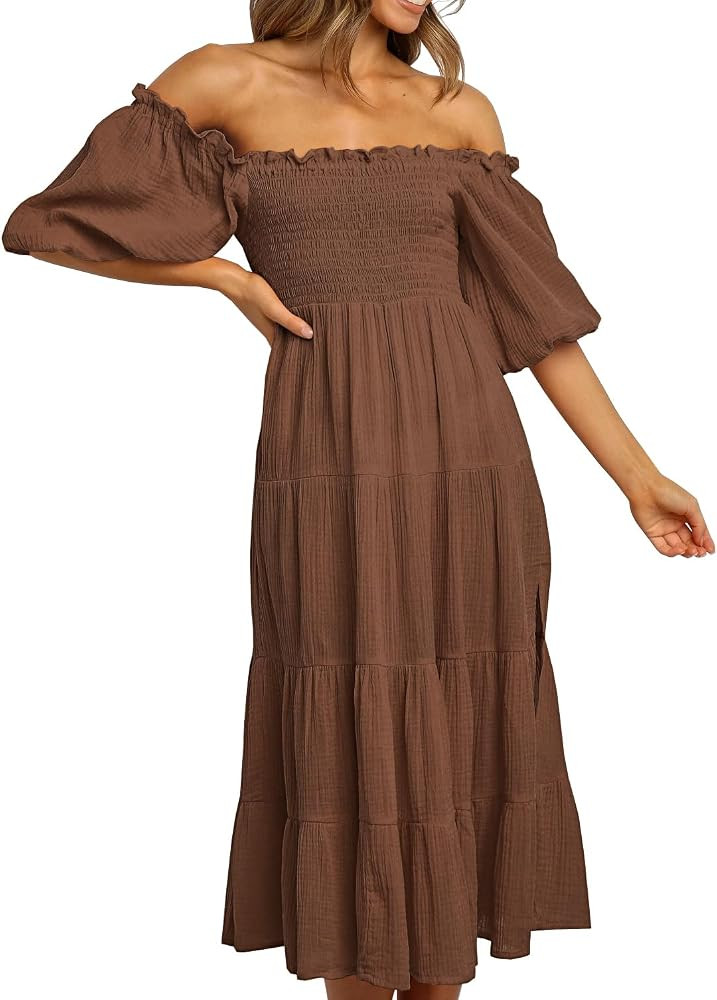 R.Vivimos Women's Summer Cotton Lantern Sleeves Ruffled Off Shoulder A-Line Midi Dresses | Amazon (US)