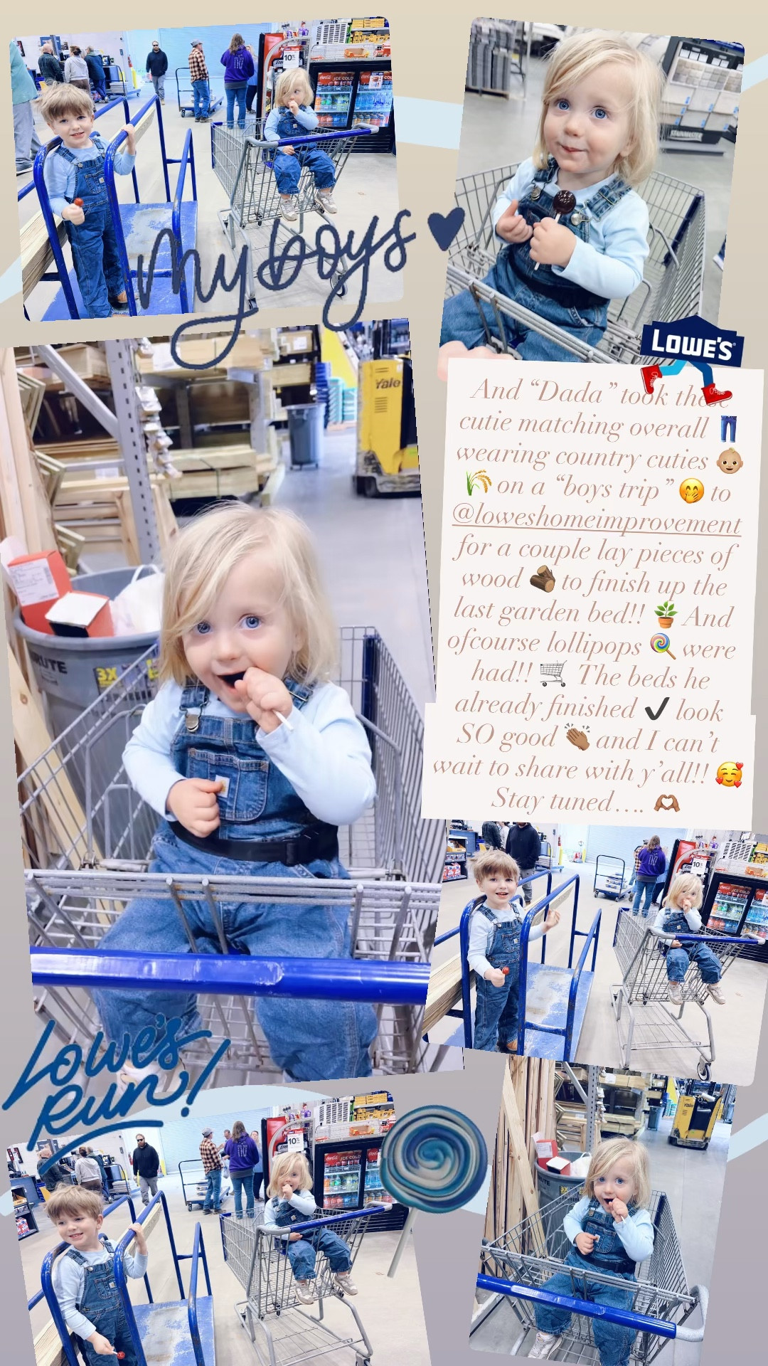 And “Dada” took these cutie matching overall 👖 wearing country cuties 👶🏼🌾 on a “boys trip” 🤭 to @loweshomeimprovement for a couple lay pieces of wood 🪵 to finish up the last garden bed!! 🪴 And ofcourse lollipops 🍭 were had!! 🛒  The beds he already finished ✔️ look SO good 👏🏽 and I can’t wait to share with y’all!! 🥰 Stay tuned…. 🫶🏽