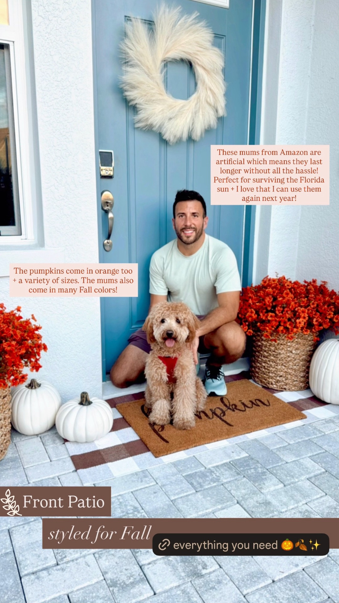 Fall Porch + Fall Patio Decor - Artificial Mums styled in a woven basket with artificial white pumpkins, a plaid mat, seasonal fall welcome mat, + a cream pampas wreath for the front door. The fake pumpkins come as orange pumpkins in various sizes too. The artificial mums also come in a variety of fall colors. This only took me a few minutes to put together and decorate our front porch/ patio. I arranged the mums into the styrofoam and then placed each set in a basket. This is an easy + cozy way to decorate your home for fall!

#LTKHome #LTKSaleAlert #LTKSeasonal