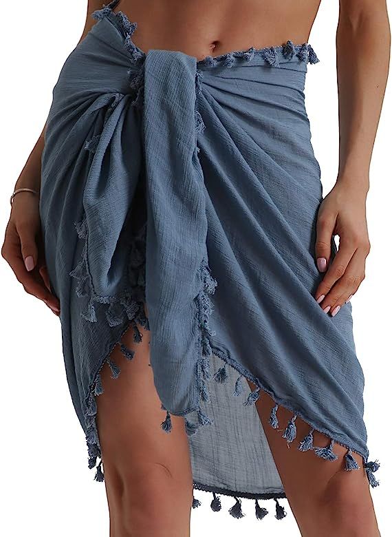 Eicolorte Beach Sarong Pareo Womens Semi-Sheer Swimwear Cover Ups Short Skirt with Tassels | Amazon (US)