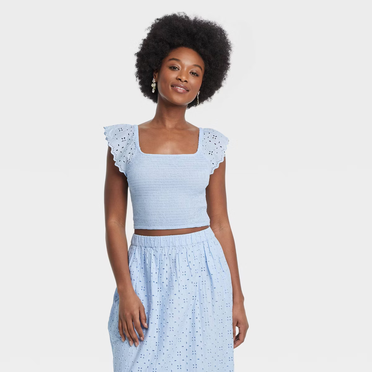 Women's Eyelet Flutter Short Sleeve Blouse - Universal Thread™ Blue | Target