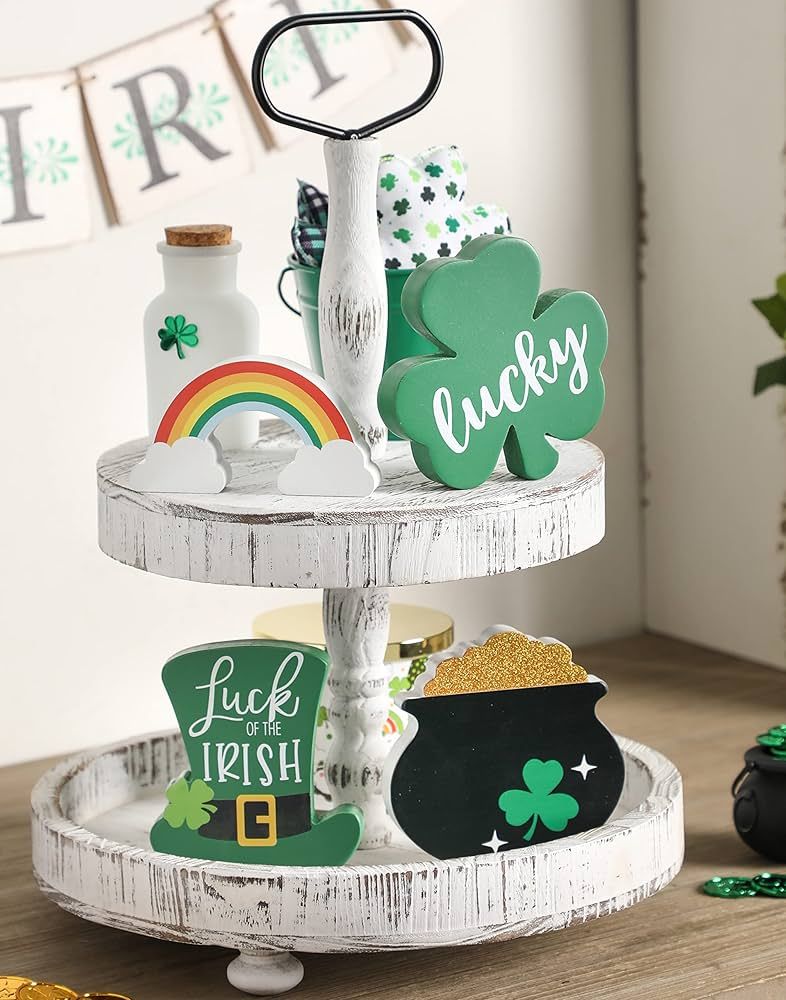 St. Patrick's Day Tiered Tray Signs Gold Pot Shamrock Hat Rainbow 4pcs Wood Sign Decoration Frees... | Amazon (US)