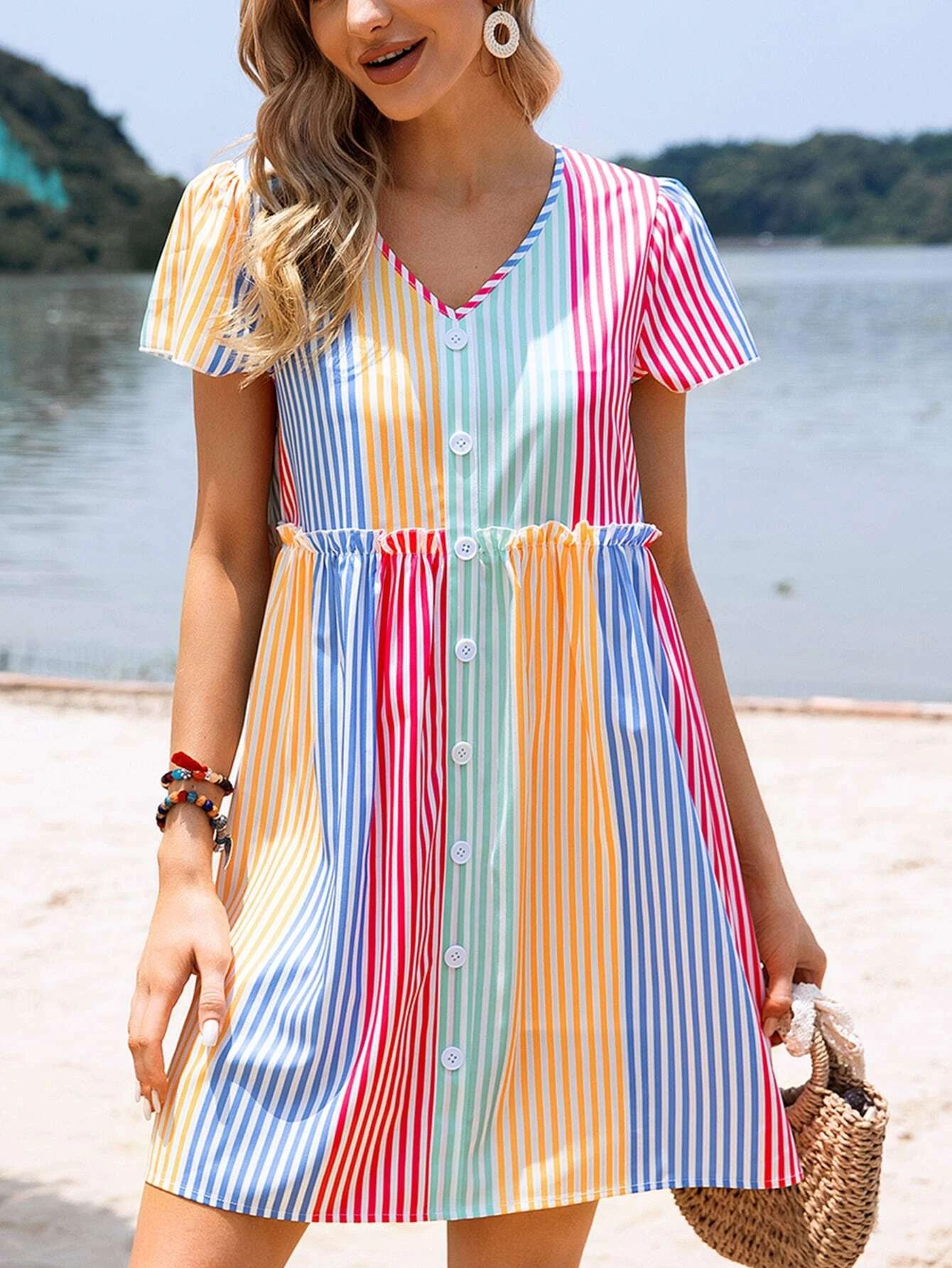 Colorful Striped Frilled Fake Button Smock Dress
   SKU: sw2205098854438390      
          (39 R... | SHEIN