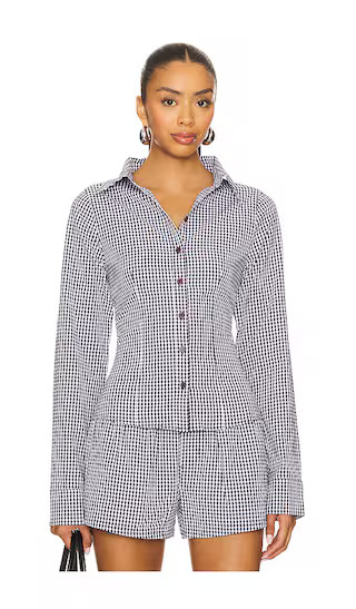Oyster Button Up Shirt in Navy Check | Revolve Clothing (Global)