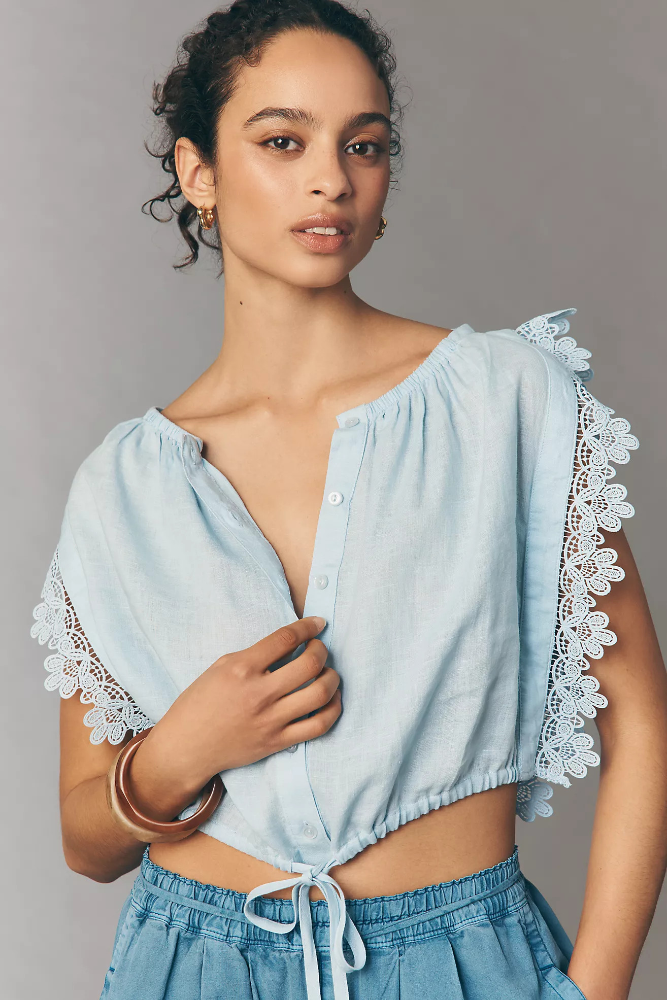 100% European Linen Tie-Front Crop Blouse | Anthropologie (US)