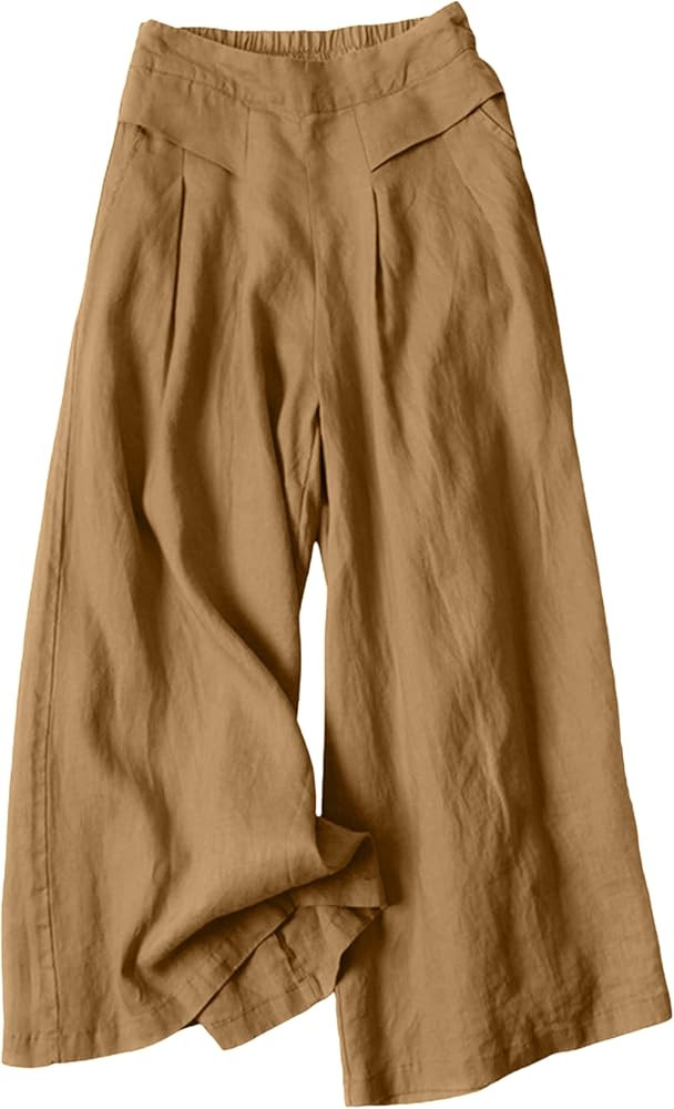 Bianstore Women's Culottes Linen Cropped Wide Leg Pants Elastic Waist Casual Palazzo Trousers wit... | Amazon (US)