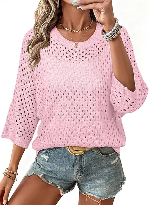 SHEWIN Womens Sweaters Crew Neck 3/4 Length Sleeve Crochet Tops Knit Beach Cover Ups Spring Outfi... | Amazon (US)