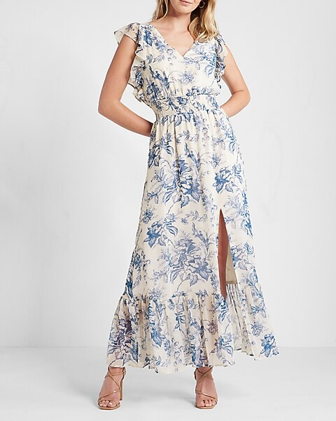 Printed V-Neck Ruffle Maxi Dress | Express