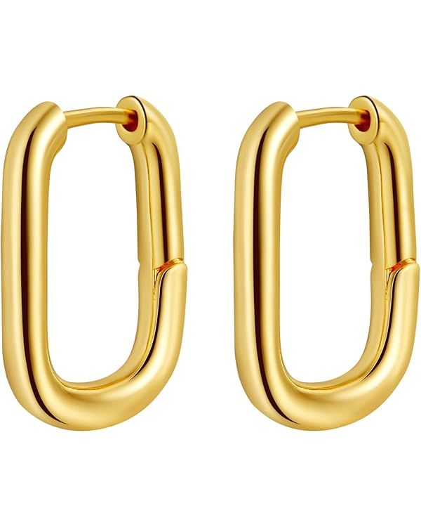 BERISO Gold/Silver Hoop Earrings For Women,14K Gold Plated Paperclip Link Chain Earrings Chunky G... | Amazon (US)