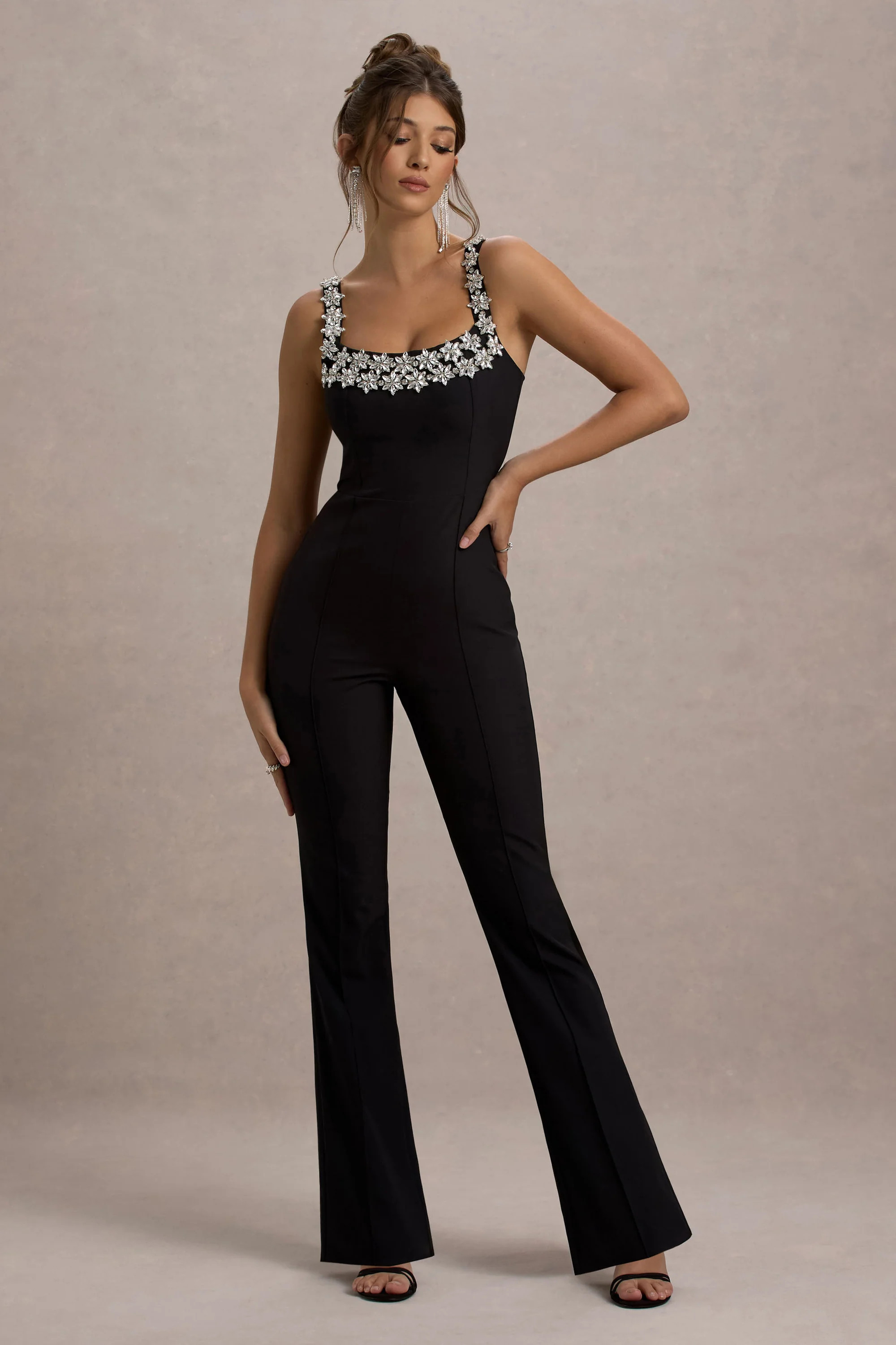 Amadi | Black Embellished Strappy Flared-Leg Jumpsuit | Club L London